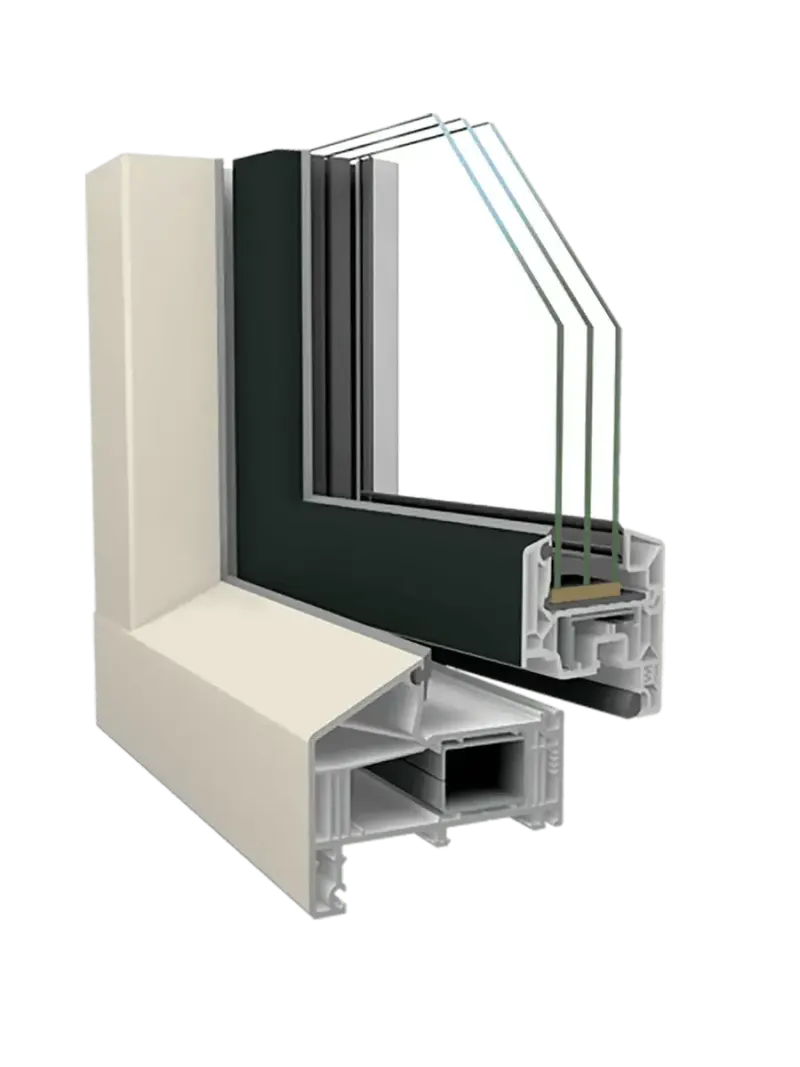 Cross-section of a PVC window with multi-layer glass and chamber profile