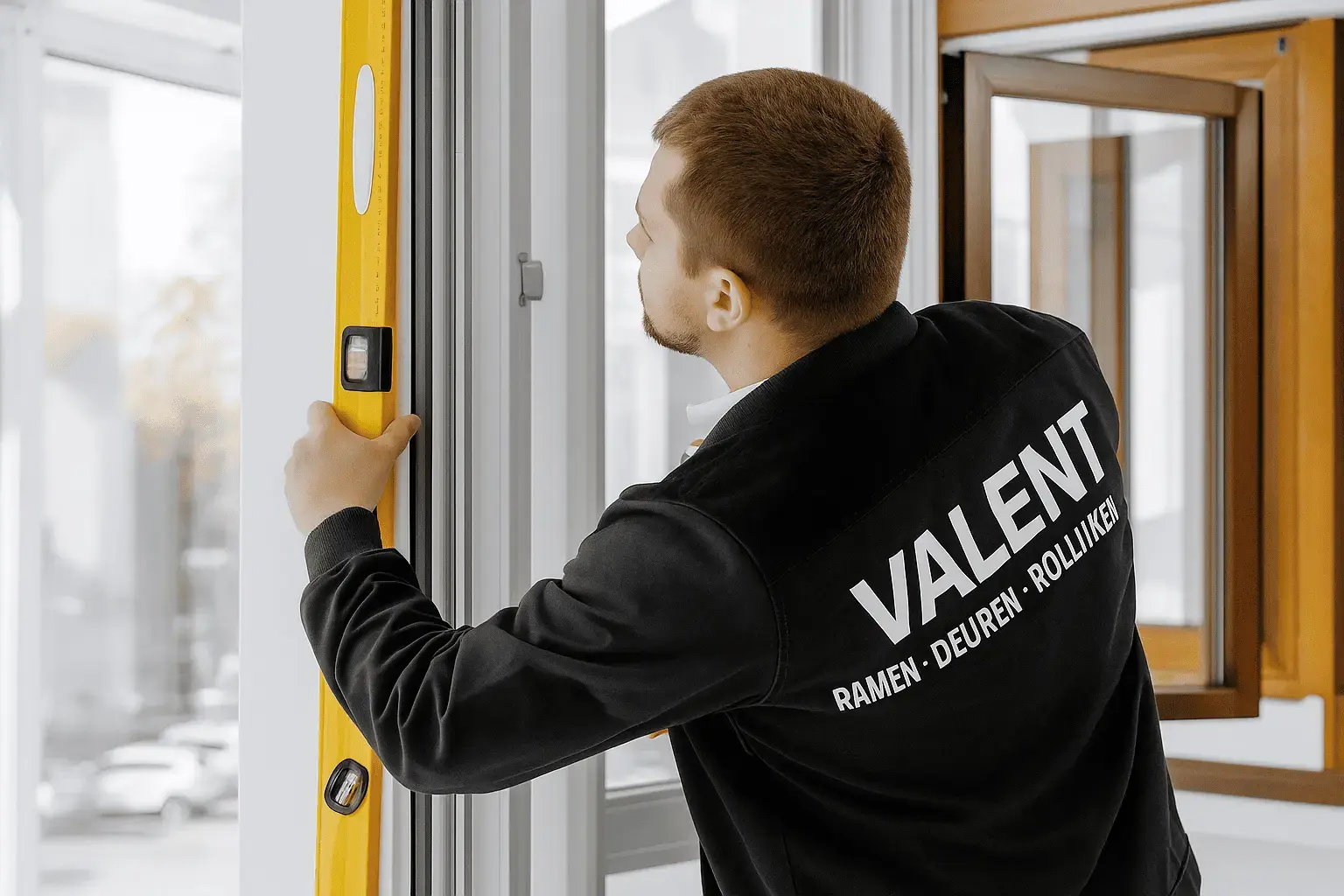 Valent installer fitting a window